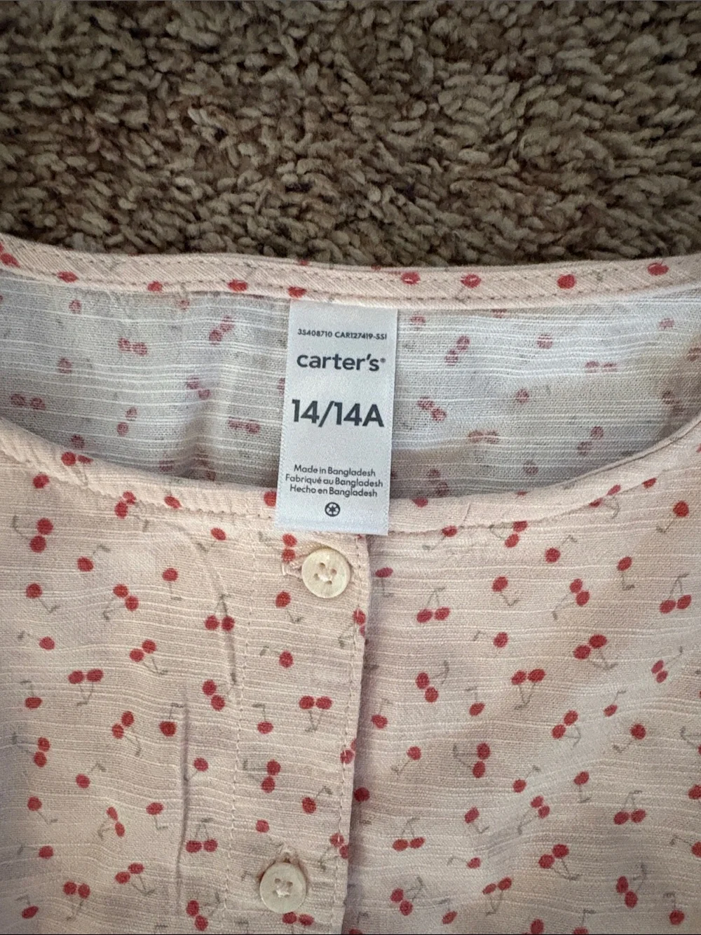 Carter's Light Pink Cherry Patterned Button-Front Romper